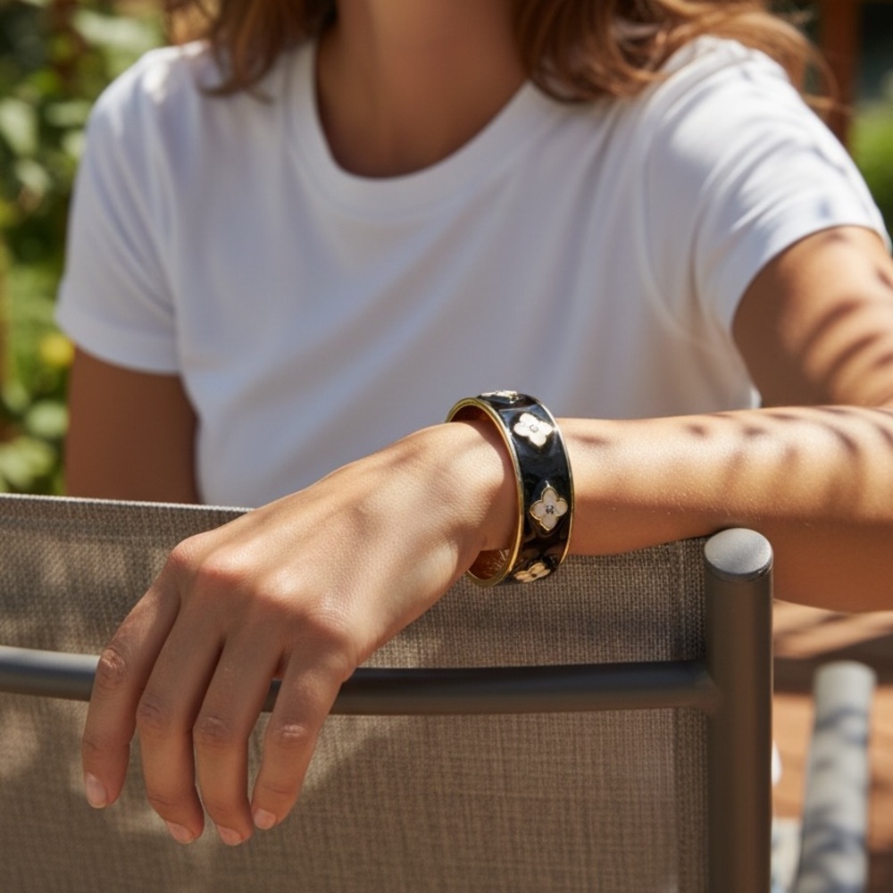 MX Signature Collection Black and Gold Floral Hinged Bangle Bracelet